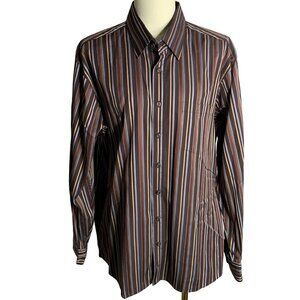 Bugatchi Uomo Button Up Long Sleeve Shirt XXL Brown Striped Flip Cuff Pocket
